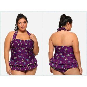 Disney Villains Tattoo Print Ruffle Plus Size Swimsuit sz 2X 18-20 Purple One
